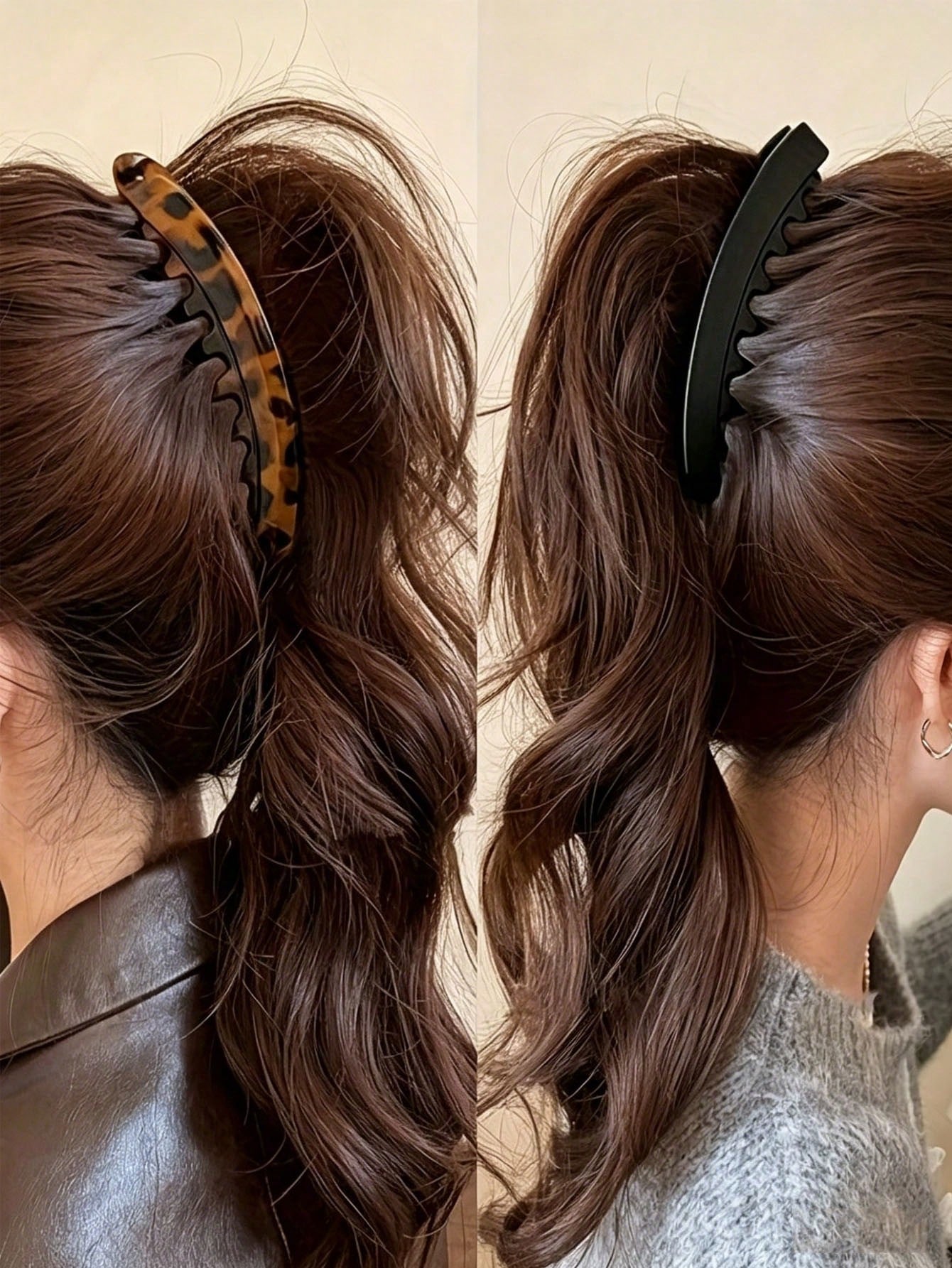 1/3pcs Large Vertical Banana Hair Clip With Back Comb- Non-Slip Women's Ponytail Clip, Thickened For Added Volume, Brown/Black/Grey Leopard Print- High Strength Hair Clip Suitable For Braids, Buns