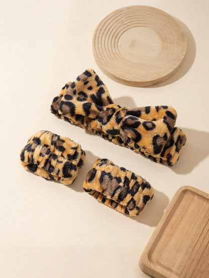 1/3pcs Leopard Print Large Bow Headband Set, Includes Splash-Proof Face Washing Headband, Soft And Washable, Suitable For Face Washing, Yoga And Sports