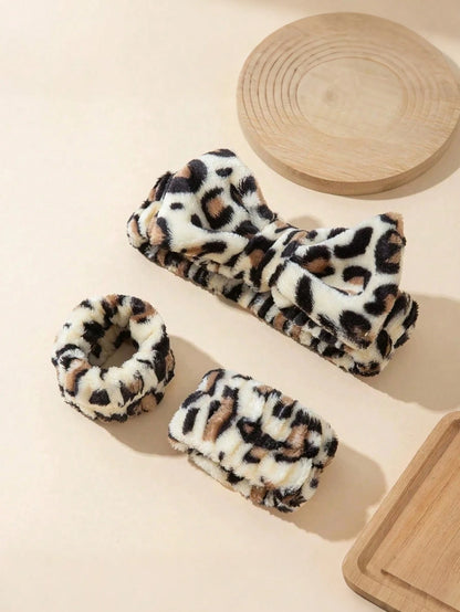 1/3pcs Leopard Print Large Bow Headband Set, Includes Splash-Proof Face Washing Headband, Soft And Washable, Suitable For Face Washing, Yoga And Sports