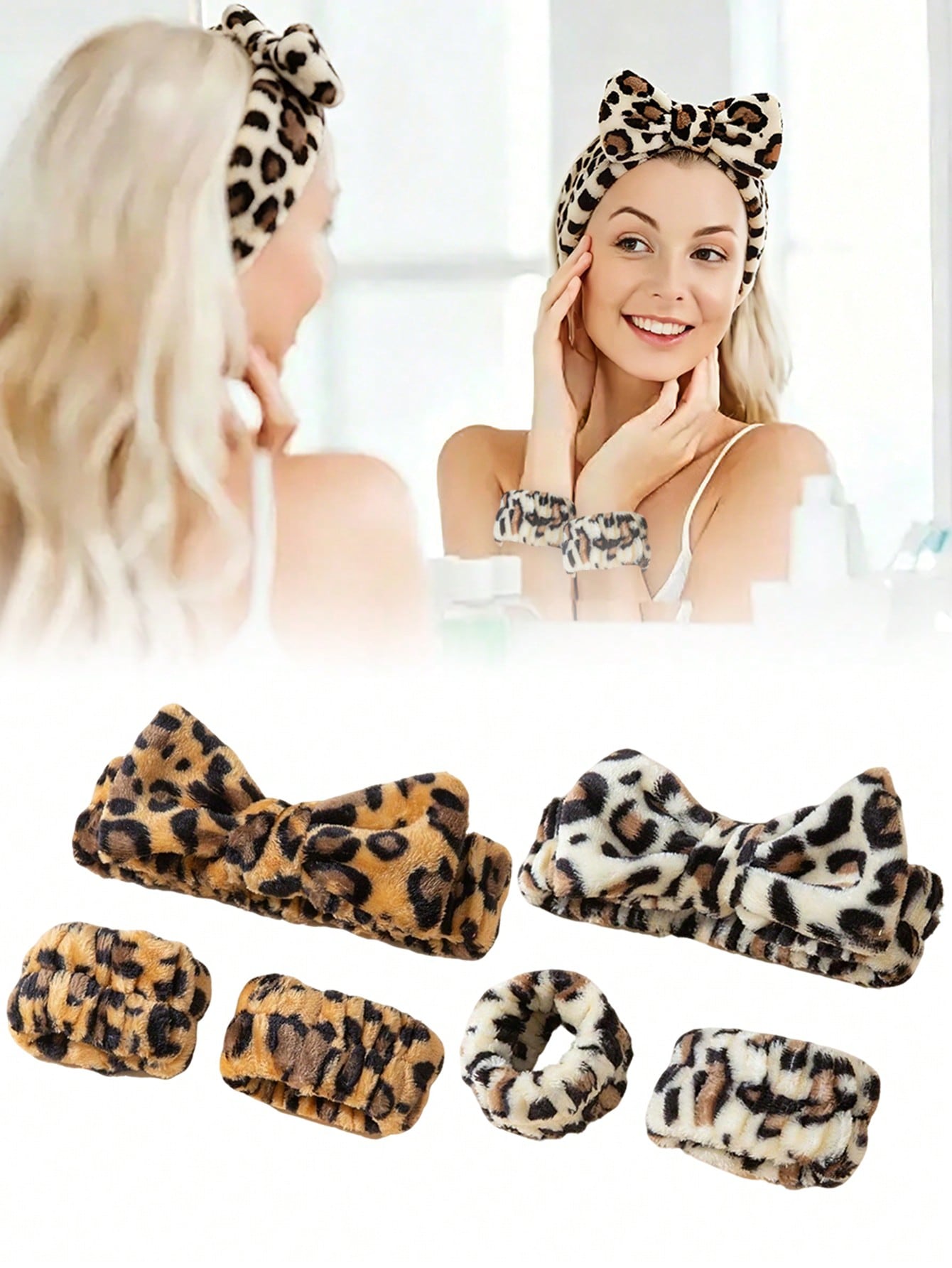 1/3pcs Leopard Print Large Bow Headband Set, Includes Splash-Proof Face Washing Headband, Soft And Washable, Suitable For Face Washing, Yoga And Sports