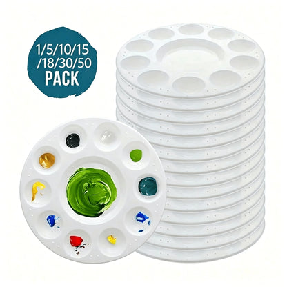 1/5/10/15/18/30/50pcs White Round Plastic Palette Set, Round 10-Hole Palette Set, Rectangular 6-Hole Palette Set, Painting Supplies Set, Palette And Water Brush Set, Suitable For Students In School, A