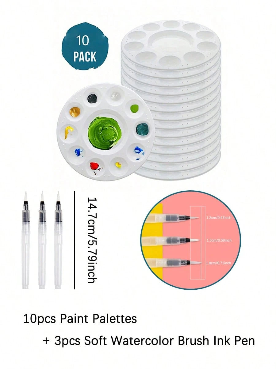 1/5/10/15/18/30/50pcs White Round Plastic Palette Set, Round 10-Hole Palette Set, Rectangular 6-Hole Palette Set, Painting Supplies Set, Palette And Water Brush Set, Suitable For Students In School, A