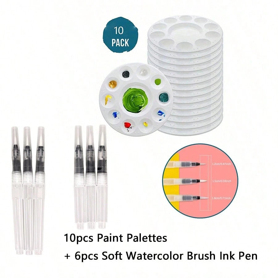 1/5/10/15/18/30/50pcs White Round Plastic Palette Set, Round 10-Hole Palette Set, Rectangular 6-Hole Palette Set, Painting Supplies Set, Palette And Water Brush Set, Suitable For Students In School, A