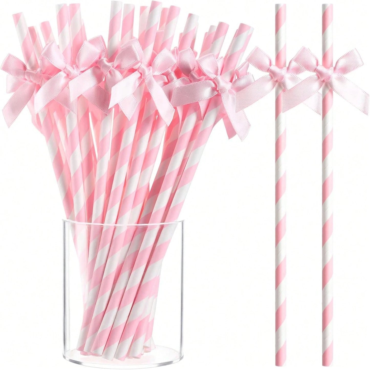 1/5/10/20/30/40/50/100PCS Pink Striped Bow Paper Straws With Ribbon Bows, Suitable For Baby Shower Decoration, Birthday, Wedding, Bridal Shower, Butterfly Theme Party, Teen Shower, Party Decoration, W