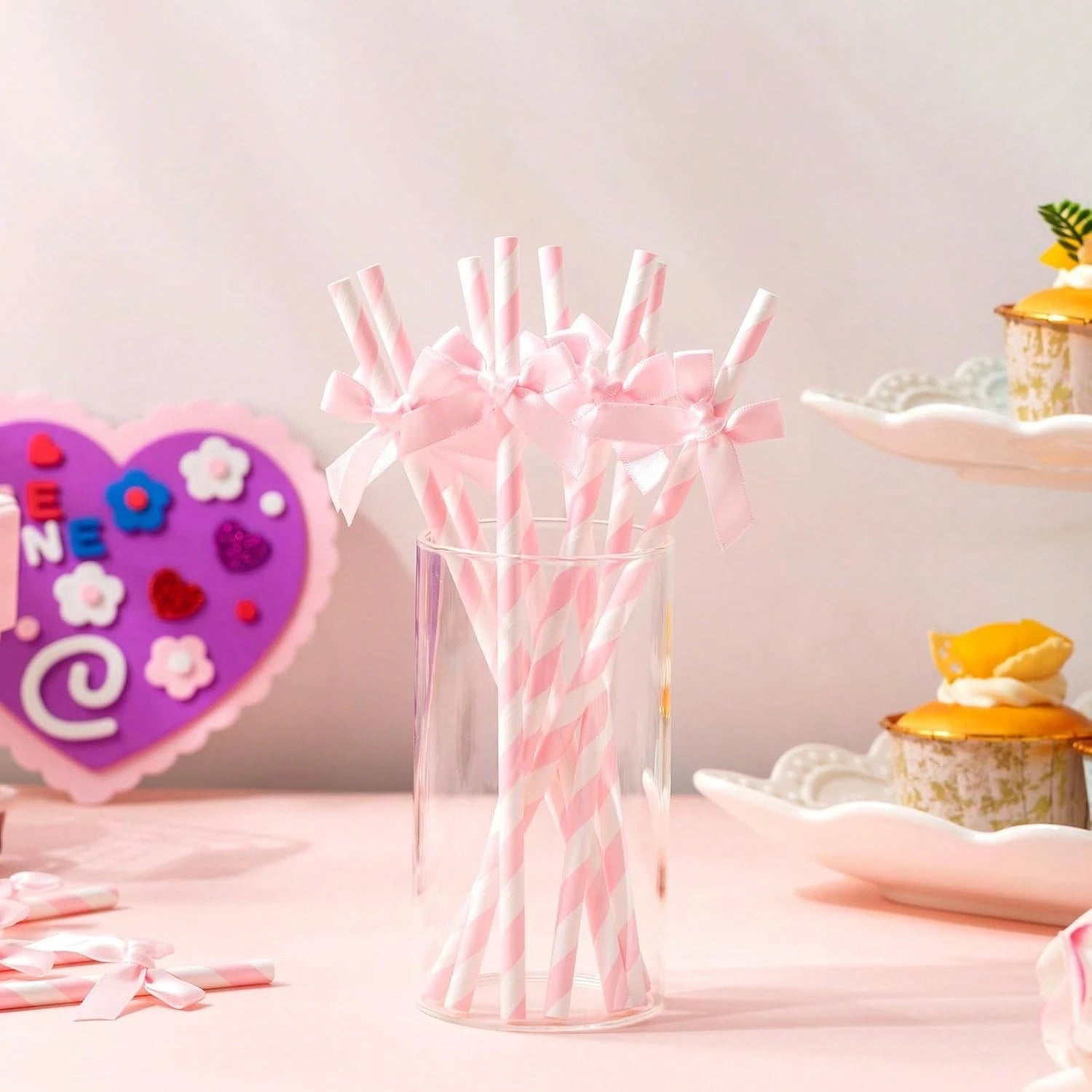 1/5/10/20/30/40/50/100PCS Pink Striped Bow Paper Straws With Ribbon Bows, Suitable For Baby Shower Decoration, Birthday, Wedding, Bridal Shower, Butterfly Theme Party, Teen Shower, Party Decoration, W