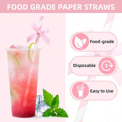 1/5/10/20/30/40/50/100PCS Pink Striped Bow Paper Straws With Ribbon Bows, Suitable For Baby Shower Decoration, Birthday, Wedding, Bridal Shower, Butterfly Theme Party, Teen Shower, Party Decoration, W