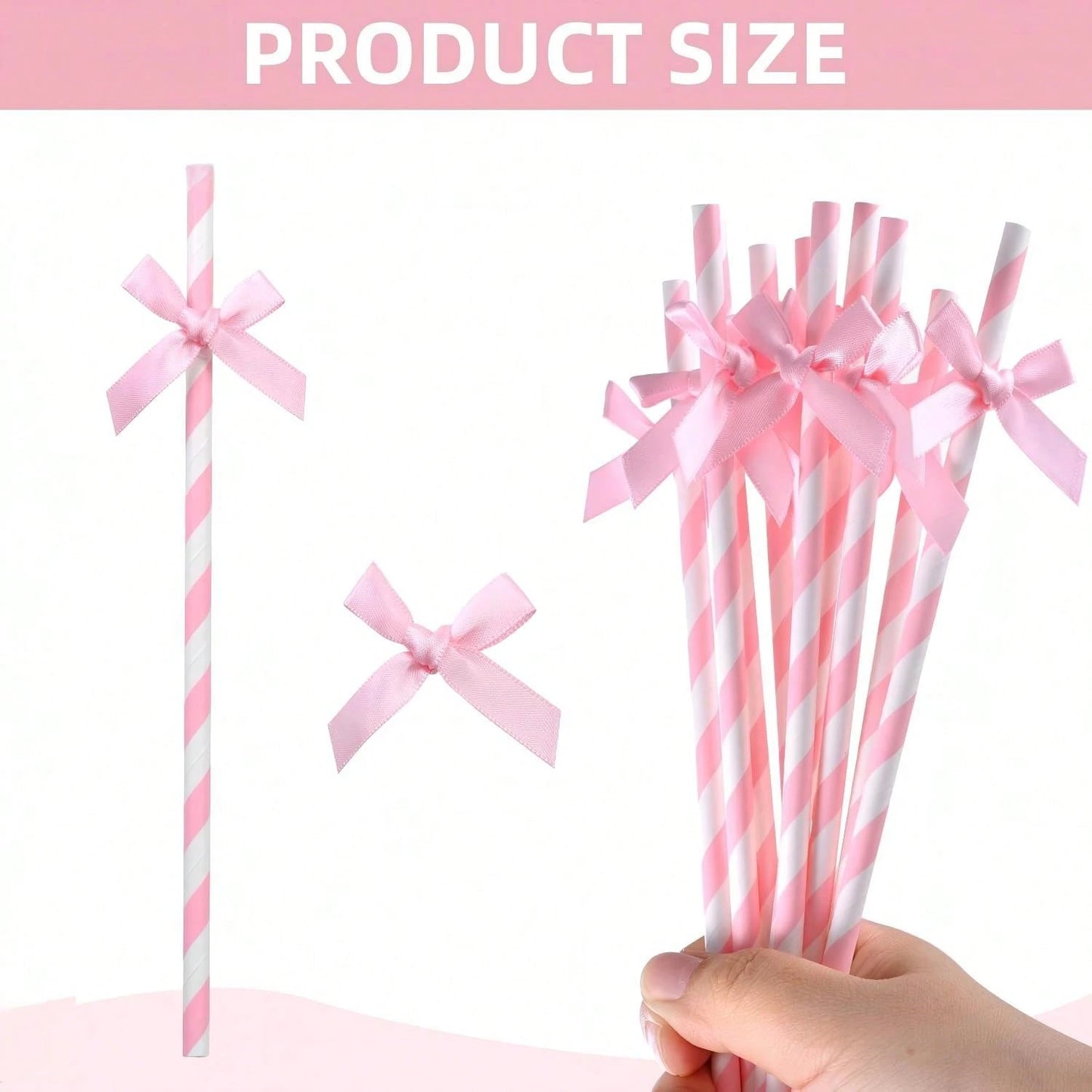 1/5/10/20/30/40/50/100PCS Pink Striped Bow Paper Straws With Ribbon Bows, Suitable For Baby Shower Decoration, Birthday, Wedding, Bridal Shower, Butterfly Theme Party, Teen Shower, Party Decoration, W