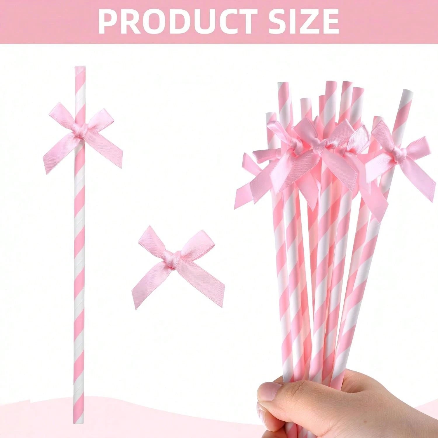1/5/10/20/30/40/50/100PCS Pink Striped Bow Paper Straws With Ribbon Bows, Suitable For Baby Shower Decoration, Birthday, Wedding, Bridal Shower, Butterfly Theme Party, Teen Shower, Party Decoration, W