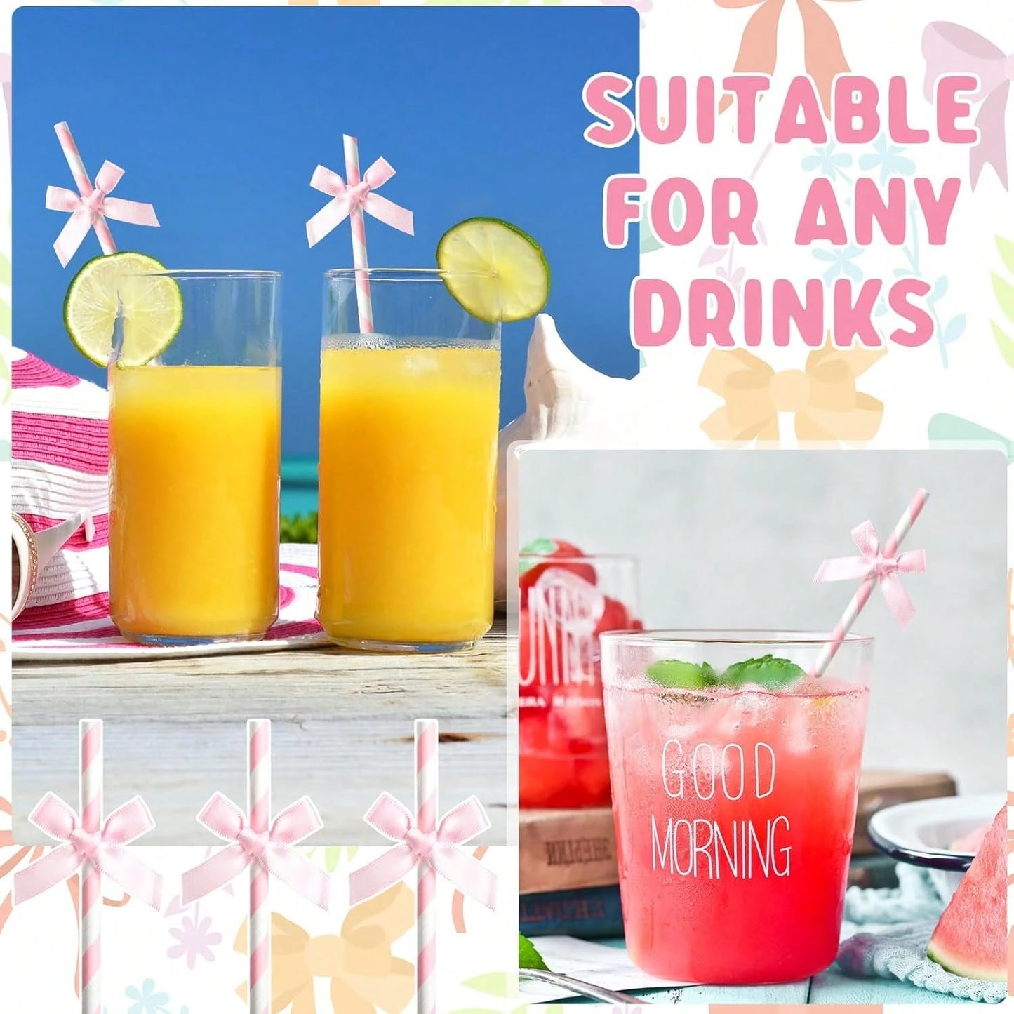 1/5/10/20/30/40/50/100PCS Pink Striped Bow Paper Straws With Ribbon Bows, Suitable For Baby Shower Decoration, Birthday, Wedding, Bridal Shower, Butterfly Theme Party, Teen Shower, Party Decoration, W