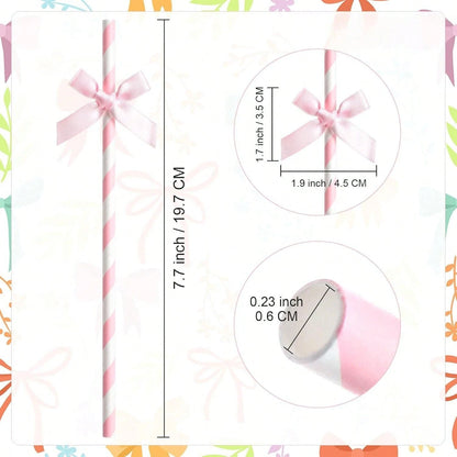 1/5/10/20/30/40/50/100PCS Pink Striped Bow Paper Straws With Ribbon Bows, Suitable For Baby Shower Decoration, Birthday, Wedding, Bridal Shower, Butterfly Theme Party, Teen Shower, Party Decoration, W