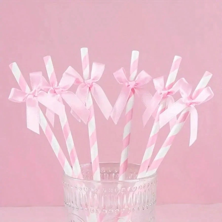 1/5/10/20/30/40/50/100PCS Pink Striped Bow Paper Straws With Ribbon Bows, Suitable For Baby Shower Decoration, Birthday, Wedding, Bridal Shower, Butterfly Theme Party, Teen Shower, Party Decoration, W