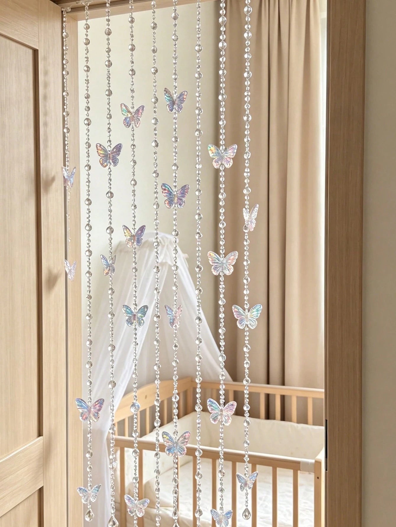 1/5 Yard Iridescent Butterfly Crystal Bead Short Acrylic Door Curtain Hanging Decor, Suitable For Bedroom Living Room, Home Decor Party Wedding Room Divider, Nursery Decor, Baby Shower, Girls Girl
