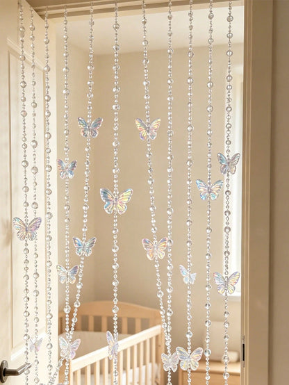 1/5 Yard Iridescent Butterfly Crystal Bead Short Acrylic Door Curtain Hanging Decor, Suitable For Bedroom Living Room, Home Decor Party Wedding Room Divider, Nursery Decor, Baby Shower, Girls Girl