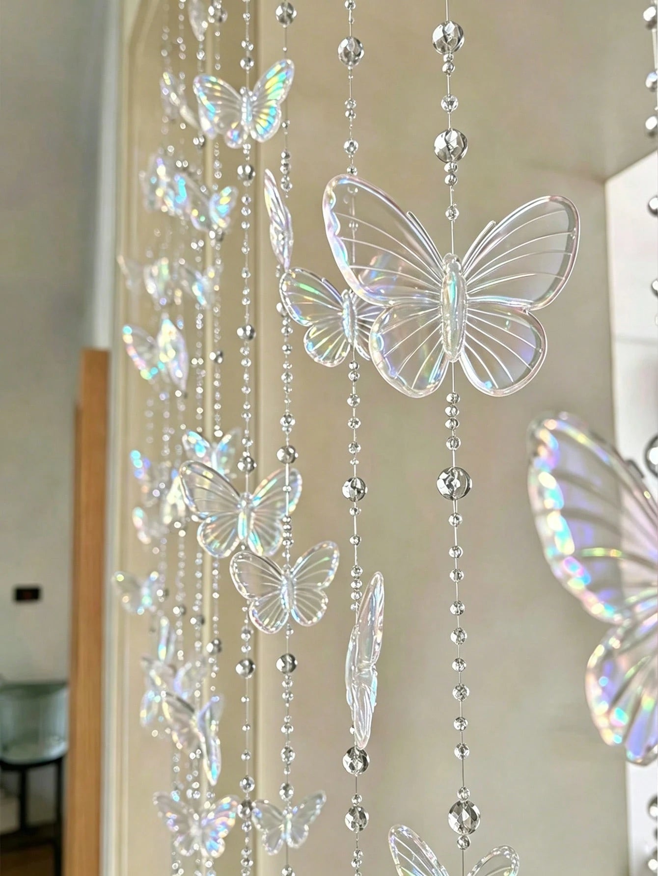 1/5 Yard Iridescent Butterfly Crystal Bead Short Acrylic Door Curtain Hanging Decor, Suitable For Bedroom Living Room, Home Decor Party Wedding Room Divider, Nursery Decor, Baby Shower, Girls Girl