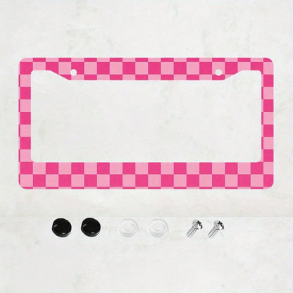 1 Aluminum License Plate Frame- Grid Print, 6x12inch US Standard Size, Pink And White Durable Car Bracket Comes With 4 Screws And Rubber Washers, Suitable For All Vehicles, Car Decoration Gift, Enhan