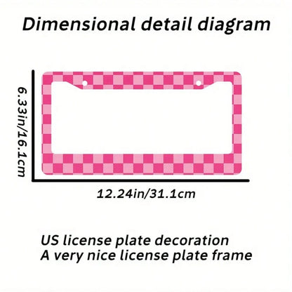 1 Aluminum License Plate Frame- Grid Print, 6x12inch US Standard Size, Pink And White Durable Car Bracket Comes With 4 Screws And Rubber Washers, Suitable For All Vehicles, Car Decoration Gift, Enhan