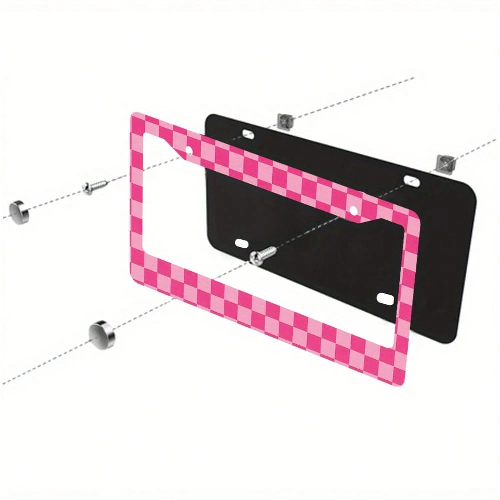 1 Aluminum License Plate Frame- Grid Print, 6x12inch US Standard Size, Pink And White Durable Car Bracket Comes With 4 Screws And Rubber Washers, Suitable For All Vehicles, Car Decoration Gift, Enhan