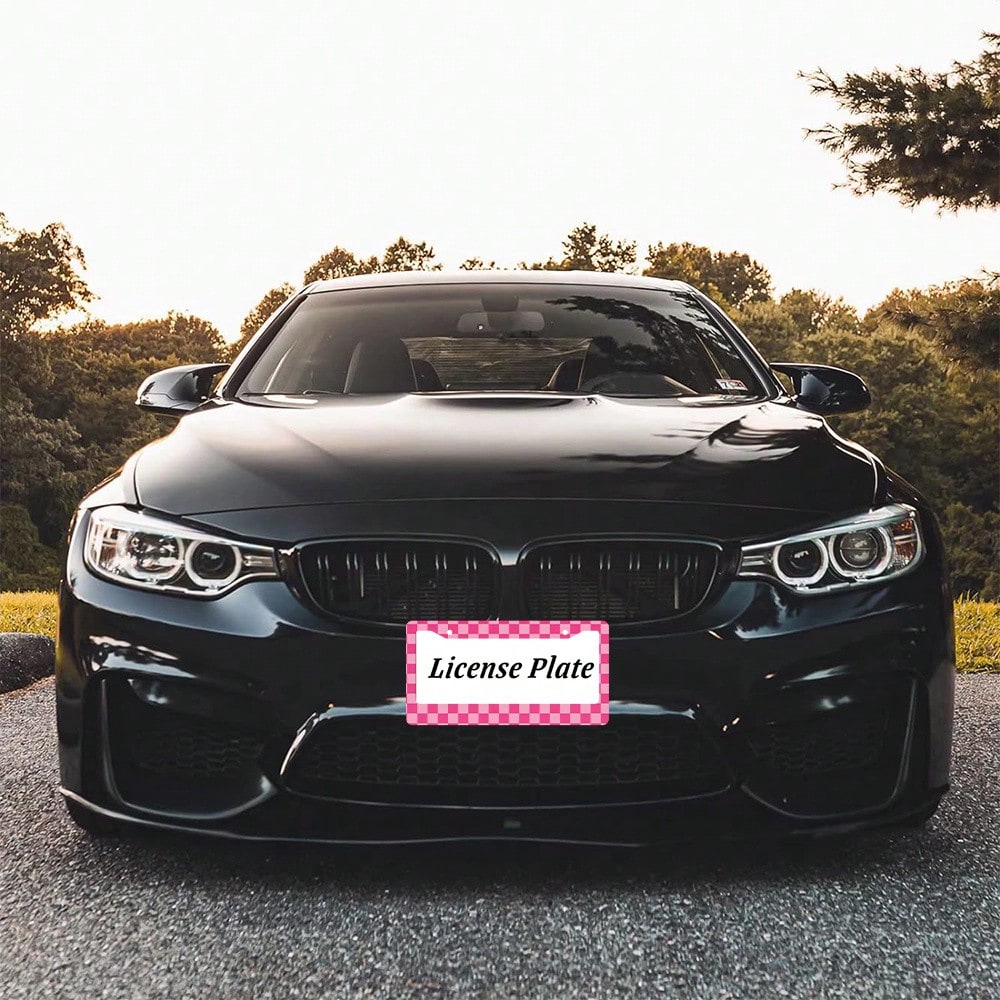 1 Aluminum License Plate Frame- Grid Print, 6x12inch US Standard Size, Pink And White Durable Car Bracket Comes With 4 Screws And Rubber Washers, Suitable For All Vehicles, Car Decoration Gift, Enhan