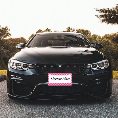 1 Aluminum License Plate Frame- Grid Print, 6x12inch US Standard Size, Pink And White Durable Car Bracket Comes With 4 Screws And Rubber Washers, Suitable For All Vehicles, Car Decoration Gift, Enhan