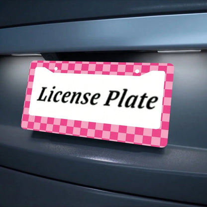 1 Aluminum License Plate Frame- Grid Print, 6x12inch US Standard Size, Pink And White Durable Car Bracket Comes With 4 Screws And Rubber Washers, Suitable For All Vehicles, Car Decoration Gift, Enhan