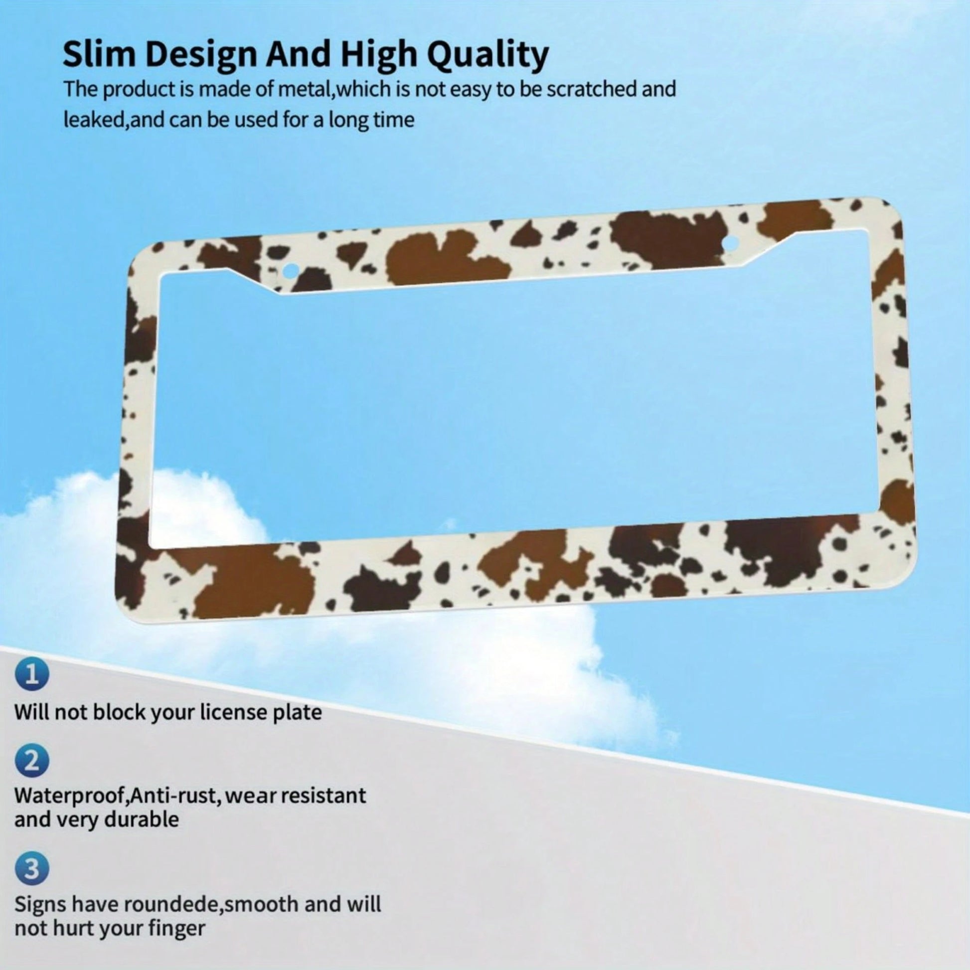 1 Aluminum License Plate Frame With Brown Cow Print| Suitable For American-Style Vehicles, Durable And Weatherproof Design, Comes With Pre-Drilled Holes And Screws, Stylish Car Exterior Accessory, A G