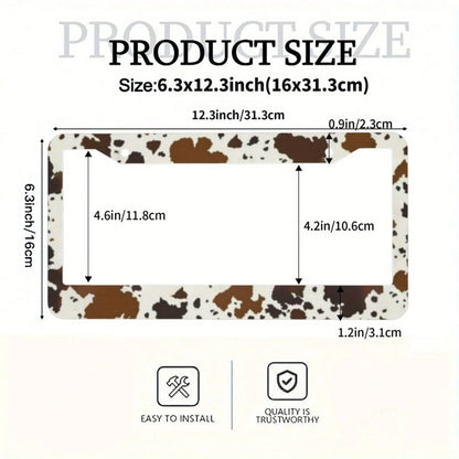 1 Aluminum License Plate Frame With Brown Cow Print| Suitable For American-Style Vehicles, Durable And Weatherproof Design, Comes With Pre-Drilled Holes And Screws, Stylish Car Exterior Accessory, A G
