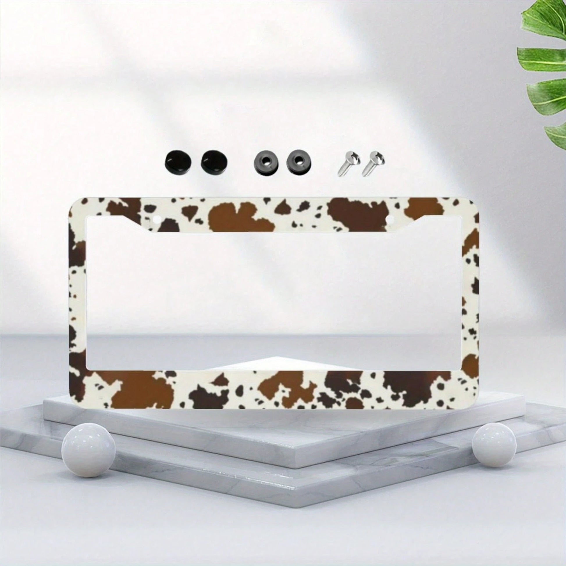 1 Aluminum License Plate Frame With Brown Cow Print| Suitable For American-Style Vehicles, Durable And Weatherproof Design, Comes With Pre-Drilled Holes And Screws, Stylish Car Exterior Accessory, A G