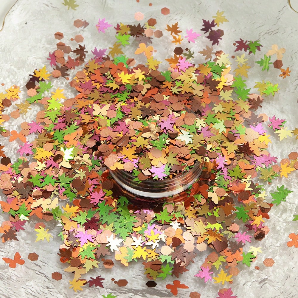 1 Bag 5g Mixed Early Autumn Maple Leaf Nail Glitter, Butterfly Hexagon Large And Small Size Autumn Fallen Leaf Nail Glitter, Thanksgiving Early Autumn Atmosphere DIY Nail Decorations 3mm/5mm
