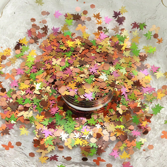 1 Bag 5g Mixed Early Autumn Maple Leaf Nail Glitter, Butterfly Hexagon Large And Small Size Autumn Fallen Leaf Nail Glitter, Thanksgiving Early Autumn Atmosphere DIY Nail Decorations 3mm/5mm