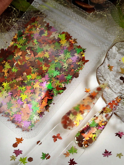 1 Bag 5g Mixed Early Autumn Maple Leaf Nail Glitter, Butterfly Hexagon Large And Small Size Autumn Fallen Leaf Nail Glitter, Thanksgiving Early Autumn Atmosphere DIY Nail Decorations 3mm/5mm