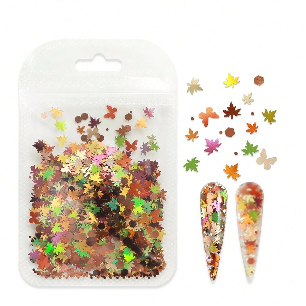 1 Bag 5g Mixed Early Autumn Maple Leaf Nail Glitter, Butterfly Hexagon Large And Small Size Autumn Fallen Leaf Nail Glitter, Thanksgiving Early Autumn Atmosphere DIY Nail Decorations 3mm/5mm