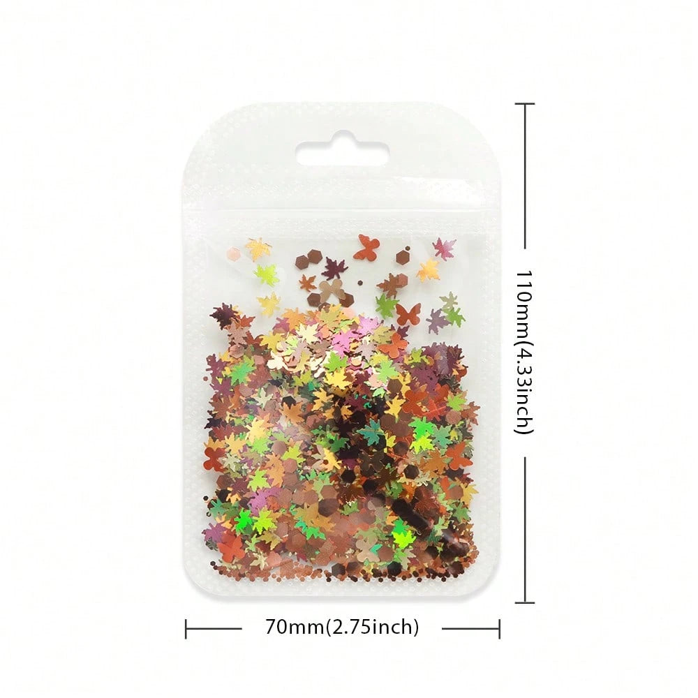 1 Bag 5g Mixed Early Autumn Maple Leaf Nail Glitter, Butterfly Hexagon Large And Small Size Autumn Fallen Leaf Nail Glitter, Thanksgiving Early Autumn Atmosphere DIY Nail Decorations 3mm/5mm