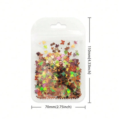 1 Bag 5g Mixed Early Autumn Maple Leaf Nail Glitter, Butterfly Hexagon Large And Small Size Autumn Fallen Leaf Nail Glitter, Thanksgiving Early Autumn Atmosphere DIY Nail Decorations 3mm/5mm