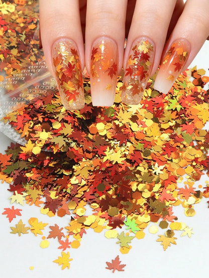 1 Bag 5g Mixed Early Autumn Maple Leaf Nail Glitter, Butterfly Hexagon Large And Small Size Autumn Fallen Leaf Nail Glitter, Thanksgiving Early Autumn Atmosphere DIY Nail Decorations 3mm/5mm