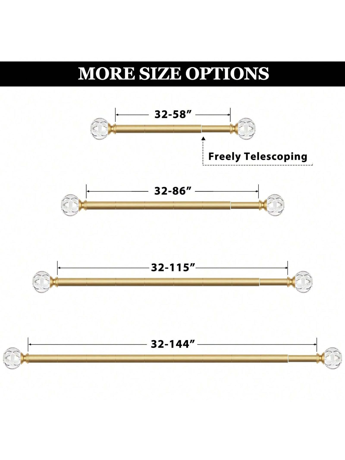 1 Inch Long Curtain Rods, Telescoping Curtain Rod For Windows, Decorative Drapery Rod With Crystal Netted Texture Ends, Black/Gold/Sliver