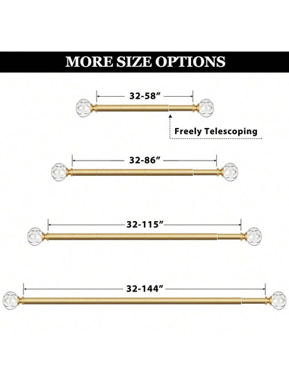 1 Inch Long Curtain Rods, Telescoping Curtain Rod For Windows, Decorative Drapery Rod With Crystal Netted Texture Ends, Black/Gold/Sliver