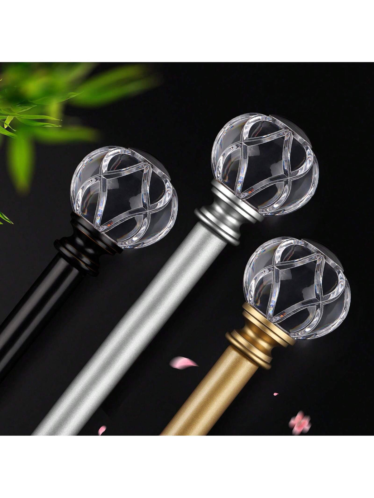 1 Inch Long Curtain Rods, Telescoping Curtain Rod For Windows, Decorative Drapery Rod With Crystal Netted Texture Ends, Black/Gold/Sliver