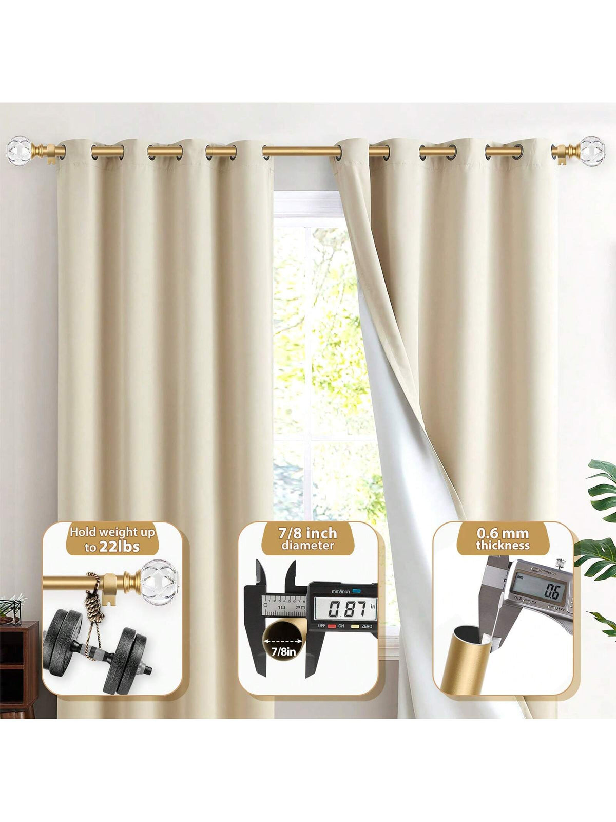 1 Inch Long Curtain Rods, Telescoping Curtain Rod For Windows, Decorative Drapery Rod With Crystal Netted Texture Ends, Black/Gold/Sliver