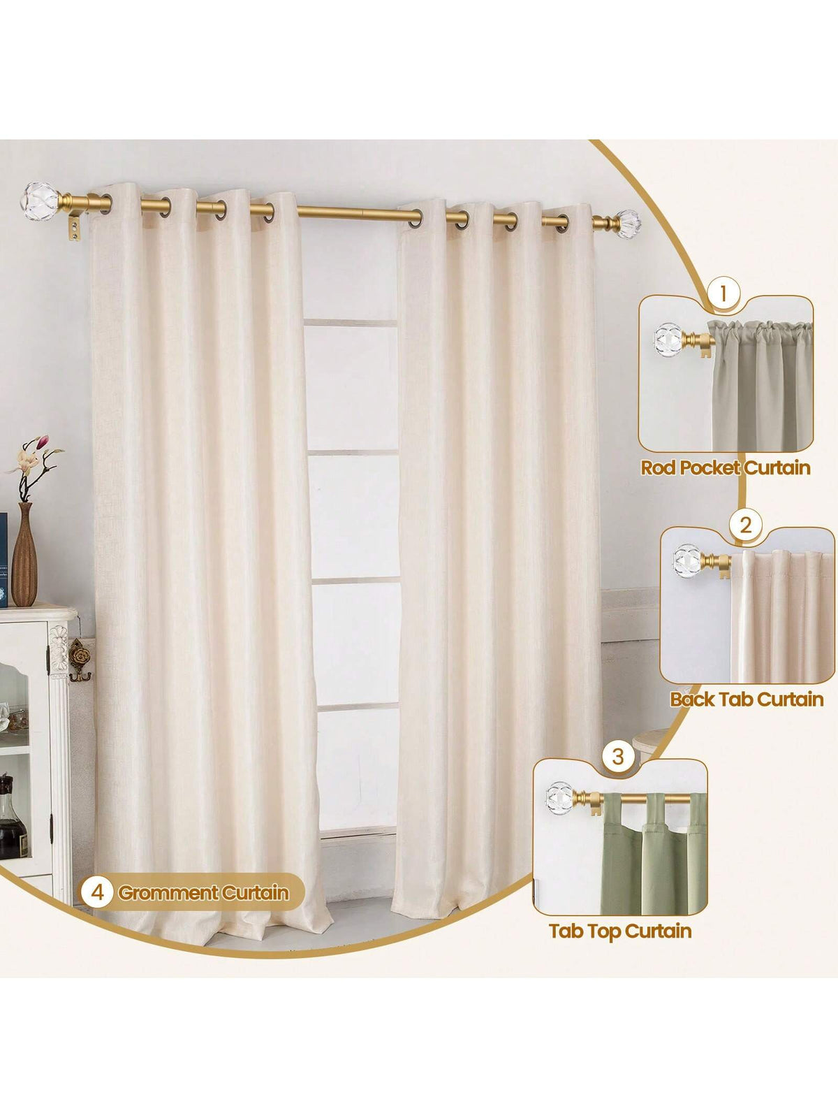 1 Inch Long Curtain Rods, Telescoping Curtain Rod For Windows, Decorative Drapery Rod With Crystal Netted Texture Ends, Black/Gold/Sliver