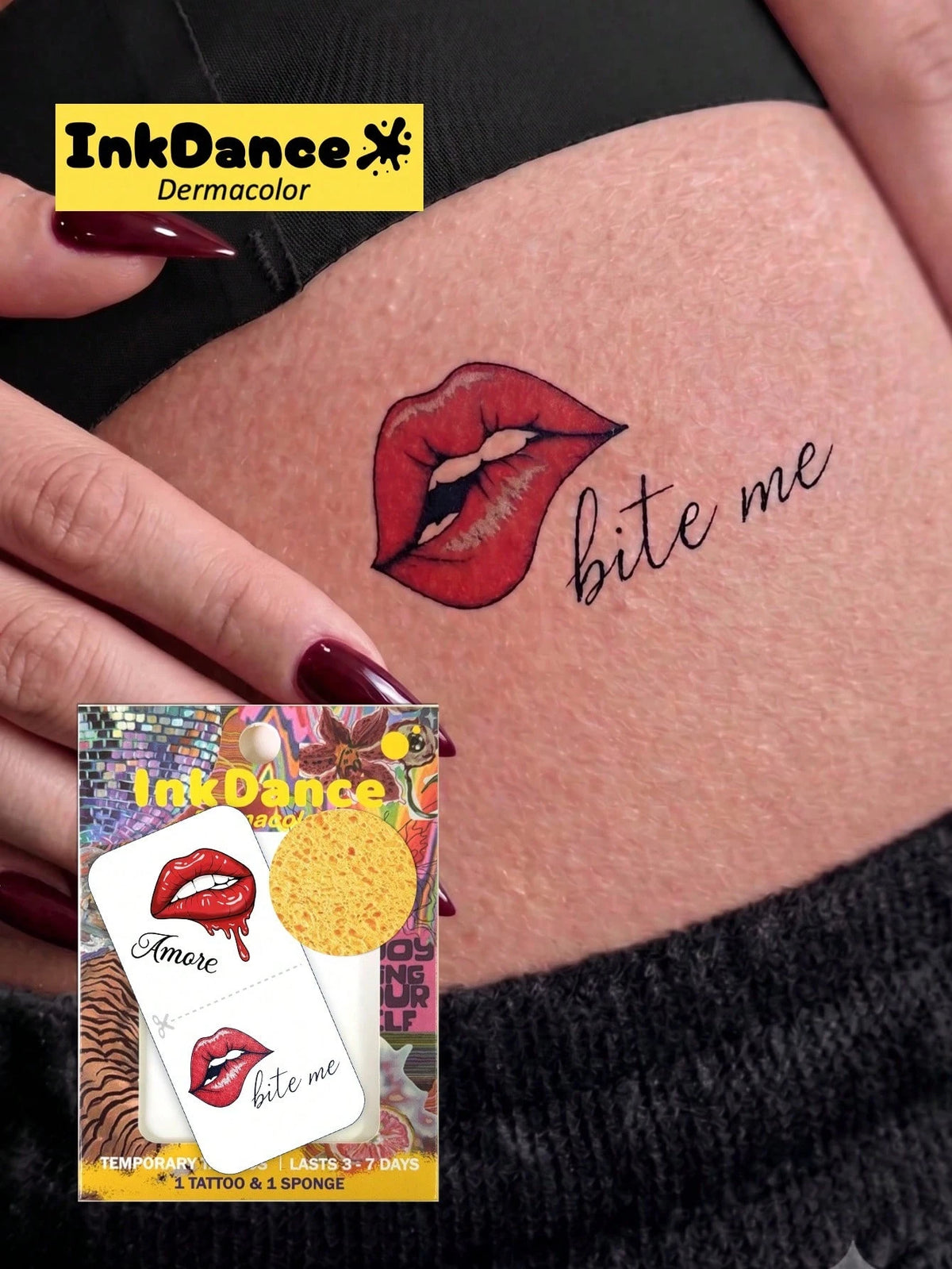 1 Kit "Bite Me Lip" Sexy Lips Flirty Y2K Body Art Temporary Tattoos Waterproof Long-Lasting Fake Tattoos For Men Women, Easy To Apply And Remove InkDance Ink Dance CSX004