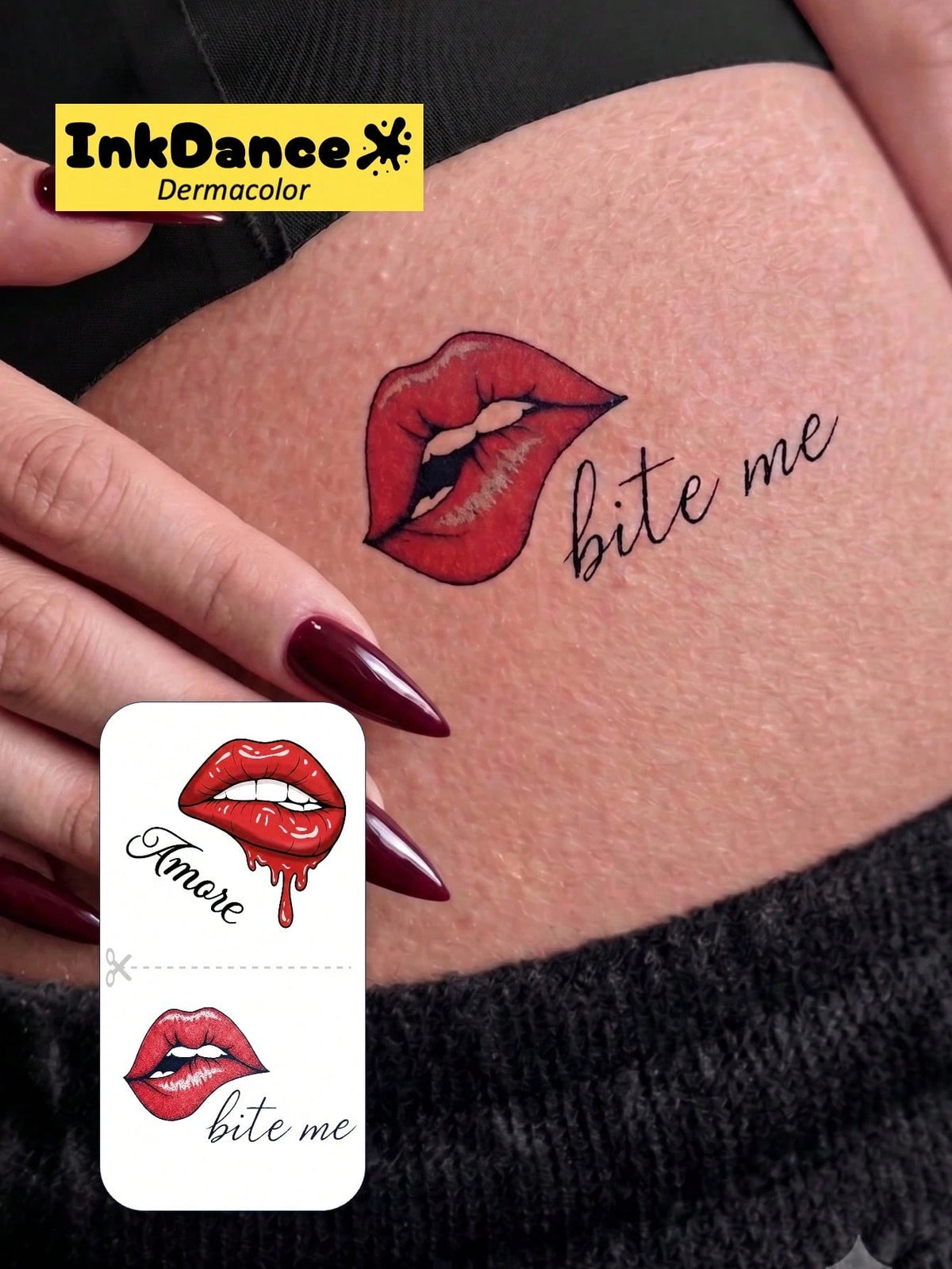 1 Kit "Bite Me Lip" Sexy Lips Flirty Y2K Body Art Temporary Tattoos Waterproof Long-Lasting Fake Tattoos For Men Women, Easy To Apply And Remove InkDance Ink Dance CSX004