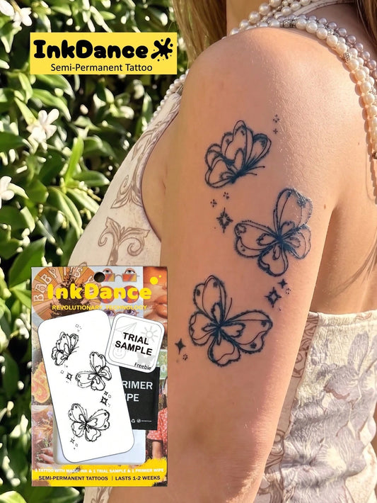 1 Kit "Sparkling Butterflies" New Technology Tattoo Sticker, Semi-Permanent, Butterfly Trio, Dotwork, Fairycore, Dreamy, Temporary Tattoo, Fake Tattoo, Waterproof & Long-Lasting Realistic Design, Plan