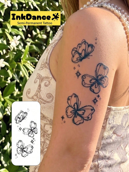 1 Kit "Sparkling Butterflies" New Technology Tattoo Sticker, Semi-Permanent, Butterfly Trio, Dotwork, Fairycore, Dreamy, Temporary Tattoo, Fake Tattoo, Waterproof & Long-Lasting Realistic Design, Plan