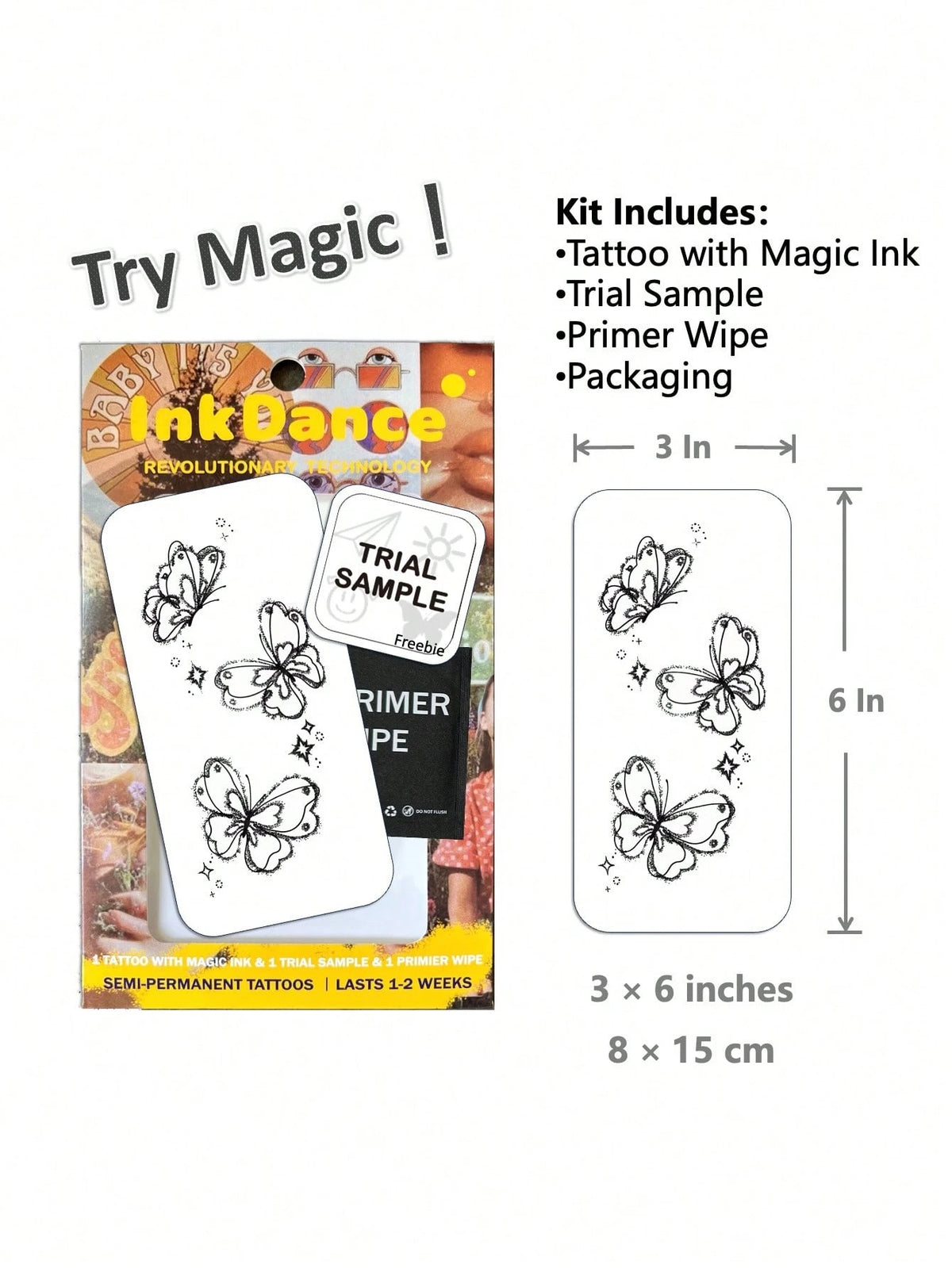 1 Kit "Sparkling Butterflies" New Technology Tattoo Sticker, Semi-Permanent, Butterfly Trio, Dotwork, Fairycore, Dreamy, Temporary Tattoo, Fake Tattoo, Waterproof & Long-Lasting Realistic Design, Plan