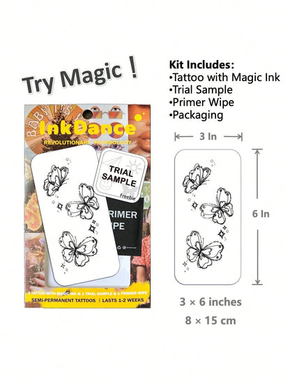 1 Kit "Sparkling Butterflies" New Technology Tattoo Sticker, Semi-Permanent, Butterfly Trio, Dotwork, Fairycore, Dreamy, Temporary Tattoo, Fake Tattoo, Waterproof & Long-Lasting Realistic Design, Plan