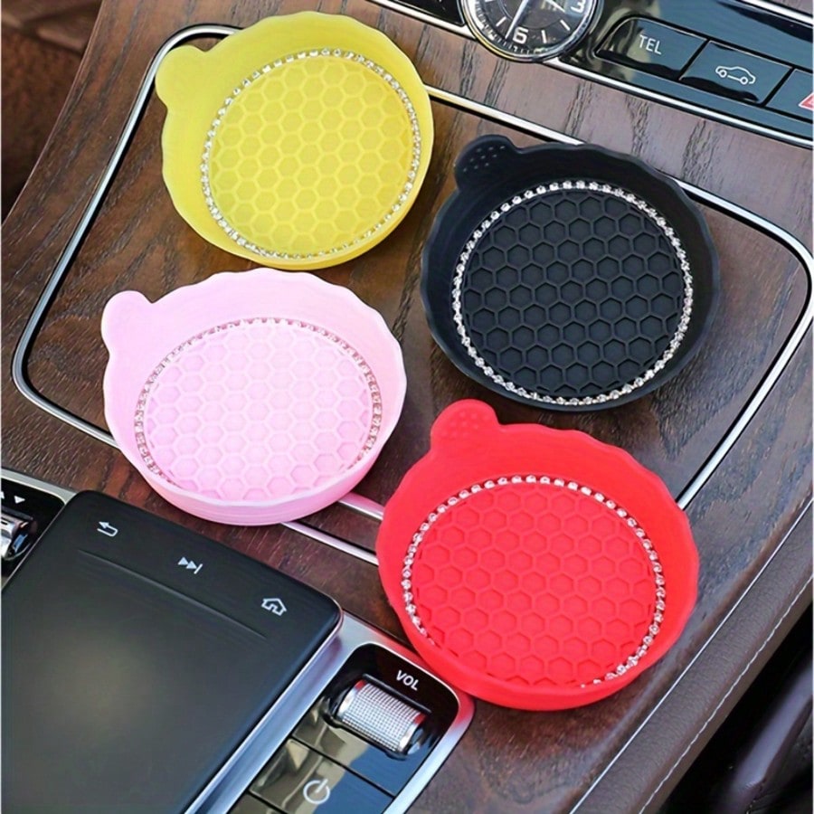 1 Or 2 Pcs Shiny Crystal & Rivet Car Cup Holder Non-Slip Easy To Clean Fashionable Auto Beverage Rack Organizer For Vehicles Interior Accessories Decorative Storage Drink Container