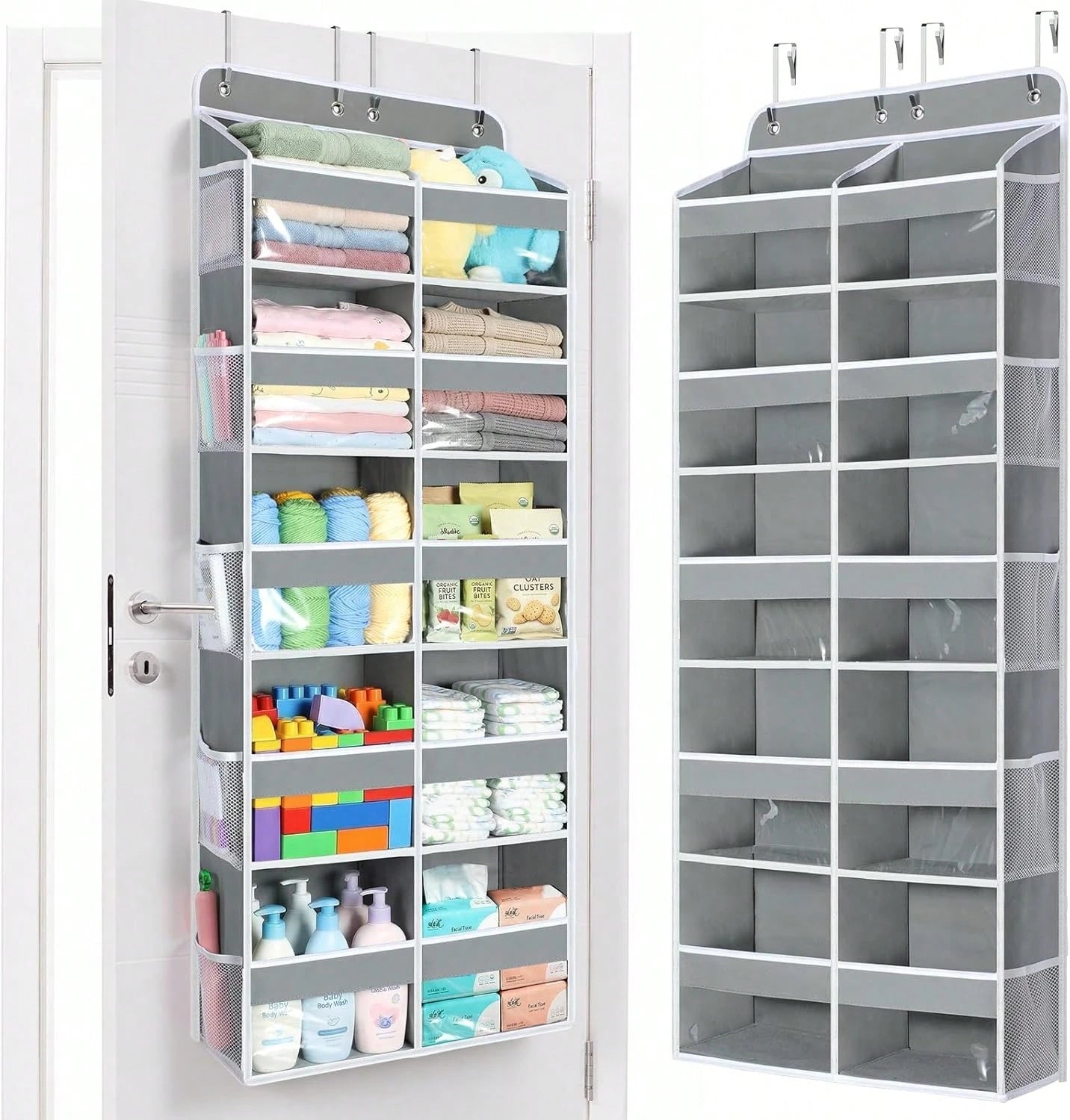 1 Pack Over The Door Organizer, Hanging Storage Organizer With Clear Window, 40lb Ultra Sturdy Large Capacity Room Organizer For Pantry Laundry Bathroom Nursery Closet Essential (Grey)