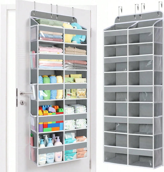 1 Pack Over The Door Organizer, Hanging Storage Organizer With Clear Window, 40lb Ultra Sturdy Large Capacity Room Organizer For Pantry Laundry Bathroom Nursery Closet Essential (Grey)
