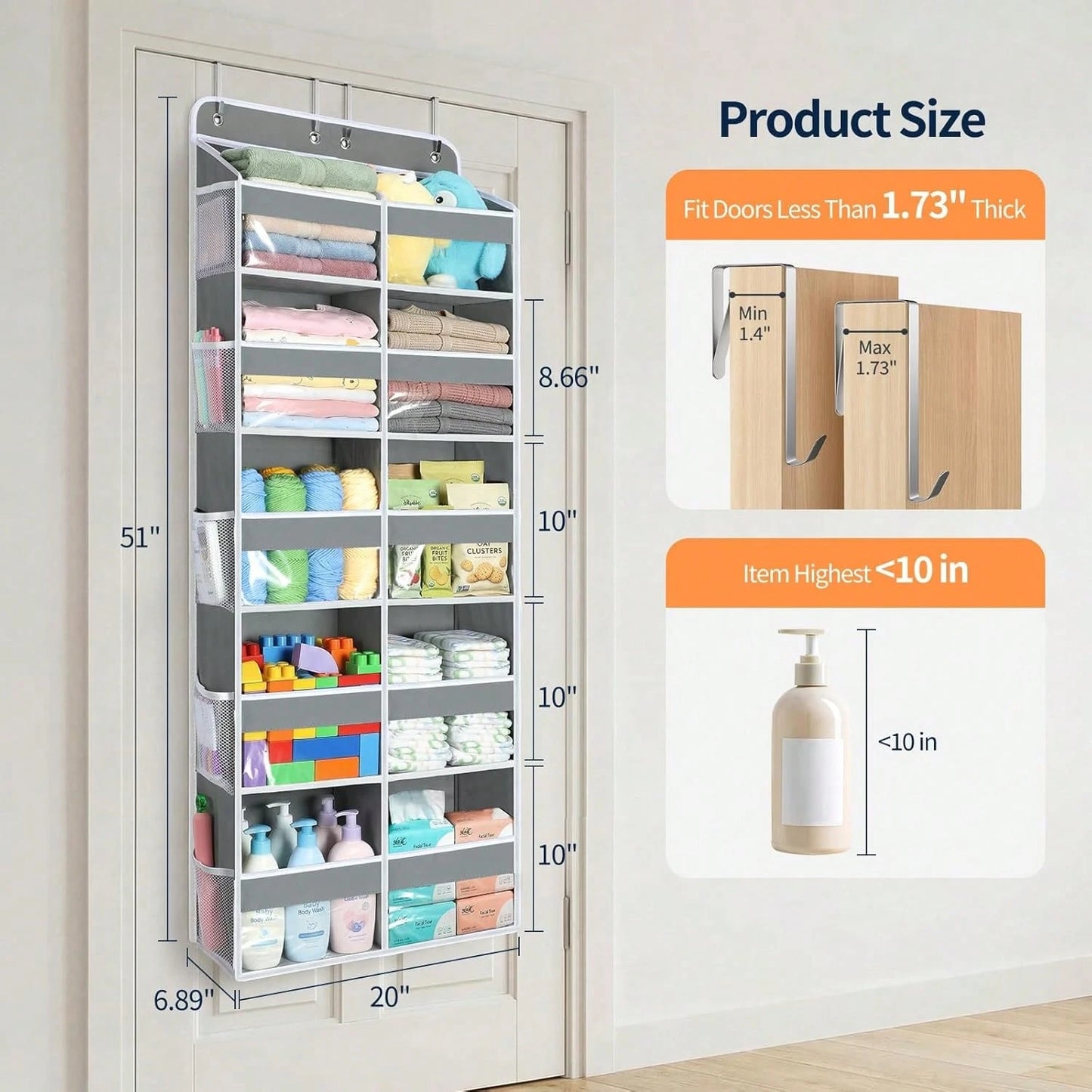 1 Pack Over The Door Organizer, Hanging Storage Organizer With Clear Window, 40lb Ultra Sturdy Large Capacity Room Organizer For Pantry Laundry Bathroom Nursery Closet Essential (Grey)