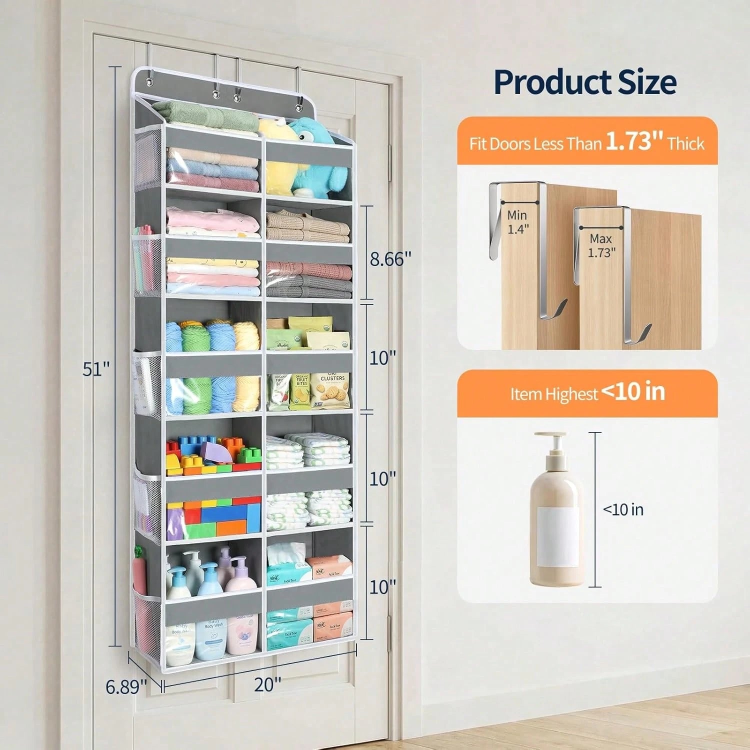 1 Pack Over The Door Organizer, Hanging Storage Organizer With Clear Window, 40lb Ultra Sturdy Large Capacity Room Organizer For Pantry Laundry Bathroom Nursery Closet Essential (Grey)